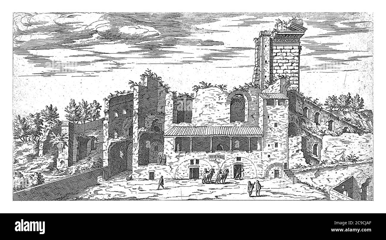 Rovine del Quirinale a Roma, Etienne Duperac, 1575 Vista dei resti del Quirinale a Roma, incisione d'epoca. Foto Stock