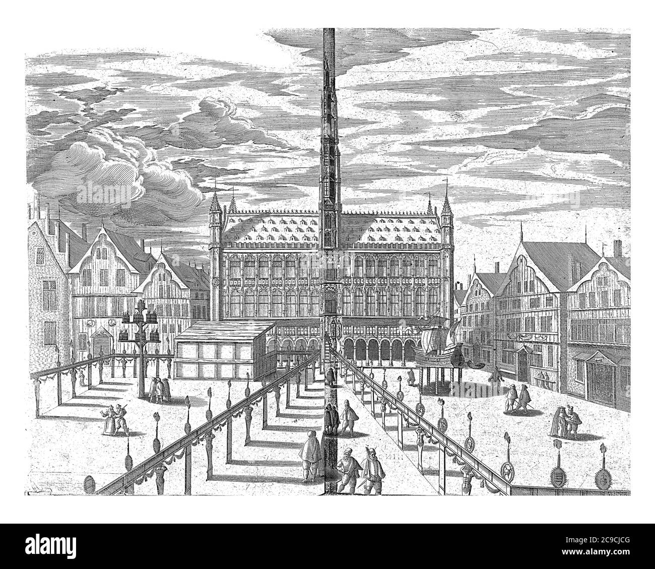 Grote Markt con sala d'onore di fronte al municipio, a sinistra un palco, a destra un modello di nave, incisione d'epoca. Foto Stock