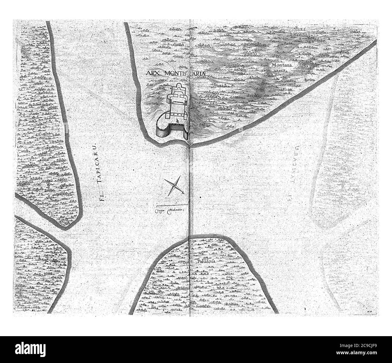 Mappa con il forte Monte Calvario, c. 1641, Jan van Brosterhuyzen, dopo Frans Jansz Post, 1645 - 1647 Mappa con il forte Monte CalvÃ¡rio vicino a Maragnon Foto Stock