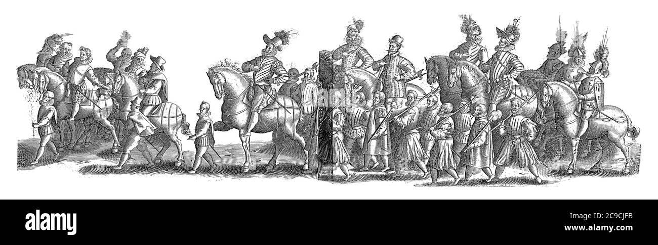 La processione con l'arciduca Ernst durante l'ingresso a Bruxelles (parte 4), incisione d'annata. Foto Stock