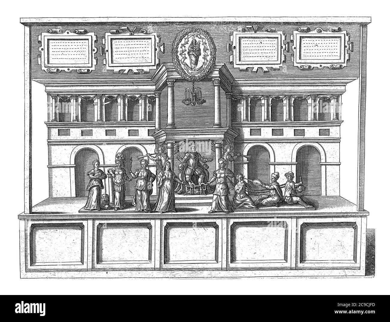 Teatro con virtù e vizi. Centrare il principe su un trono, con personificazioni di Pace e Giustizia, incisione d'epoca. Foto Stock