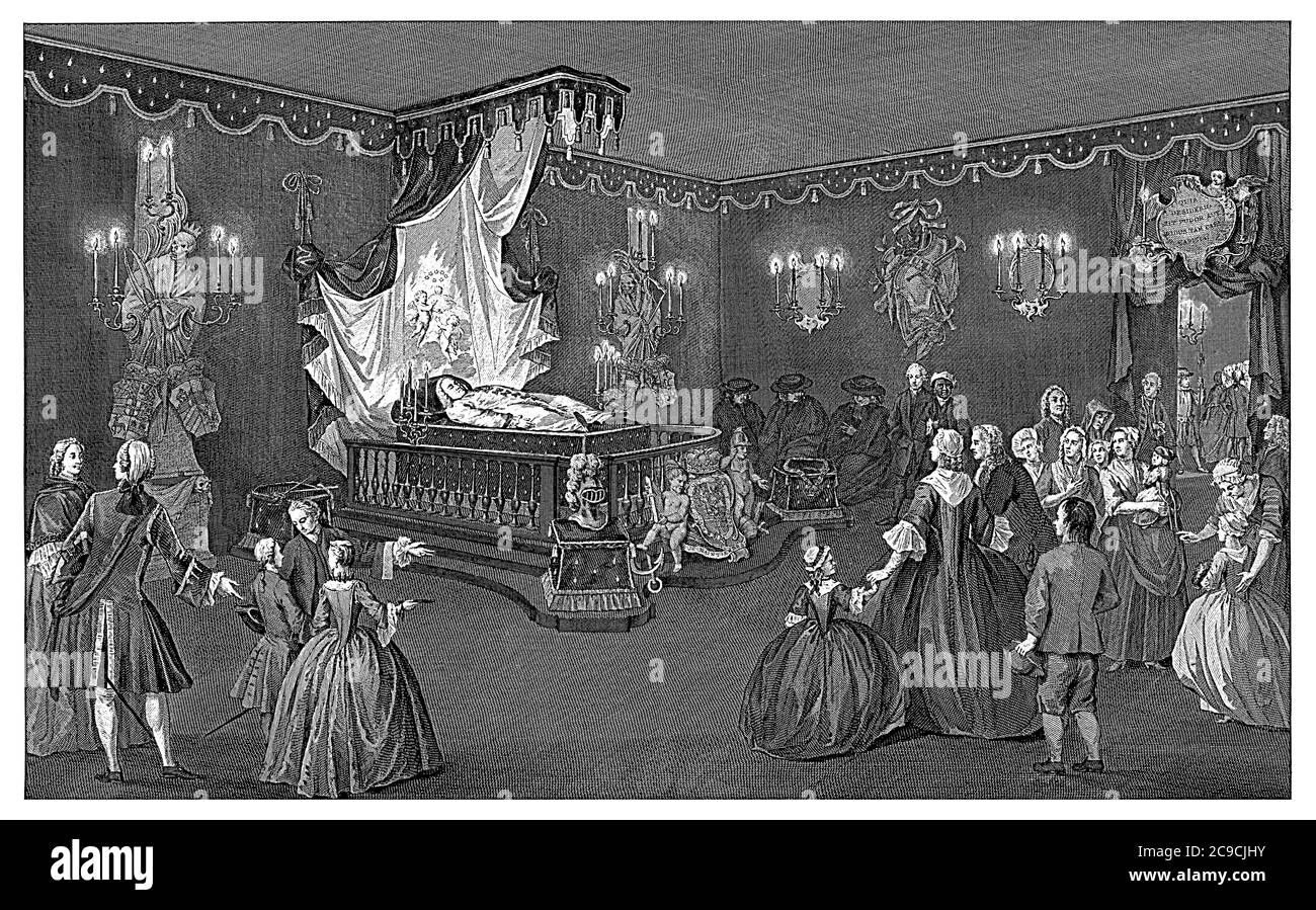 Vista della camera con i visitatori davanti al letto con il corpo del principe Guglielmo IV, incisione d'epoca. Foto Stock