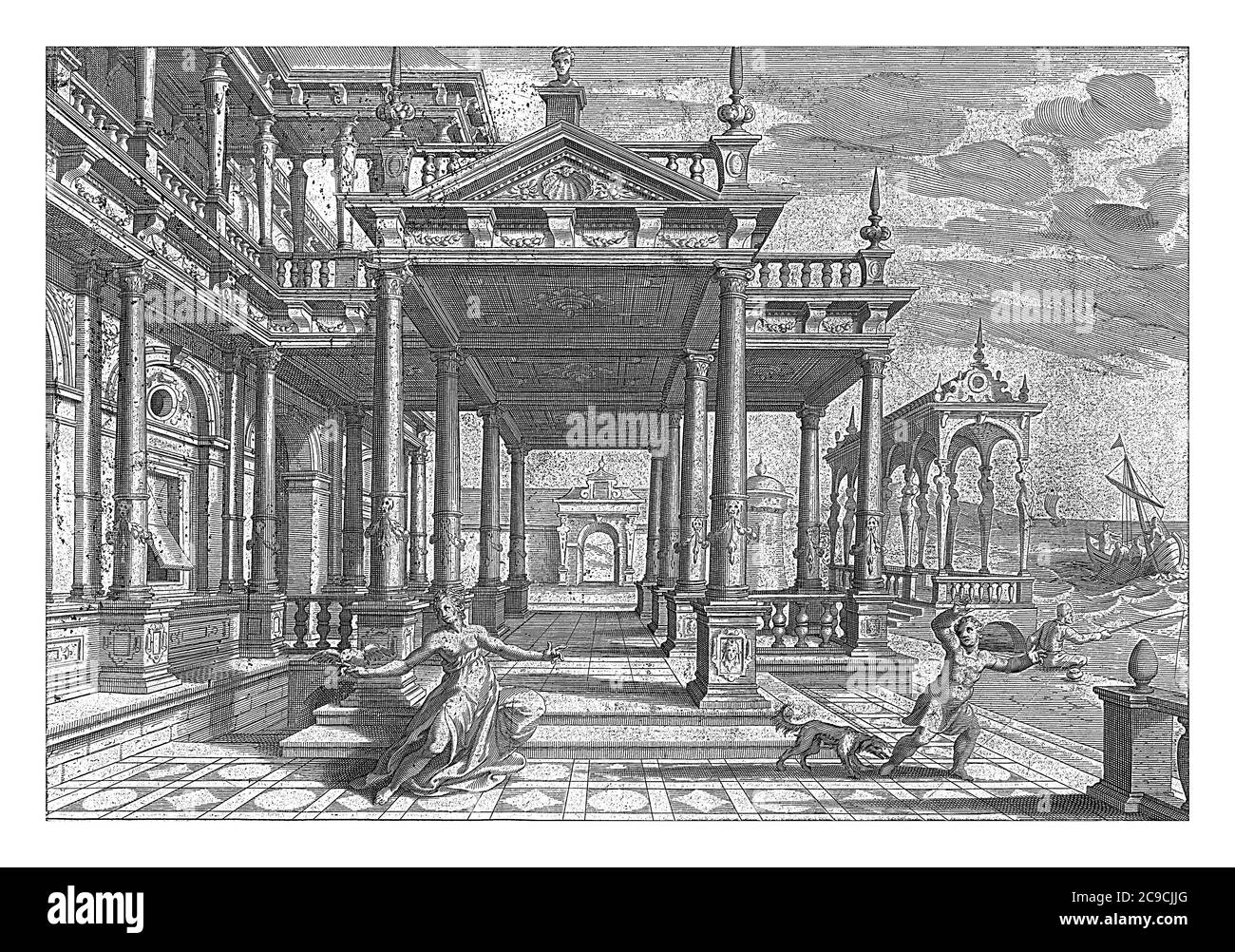 Portale di un edificio con colonne composite. In primo piano una donna che viene pickata nel suo dito da un uccello, incisione d'annata. Foto Stock