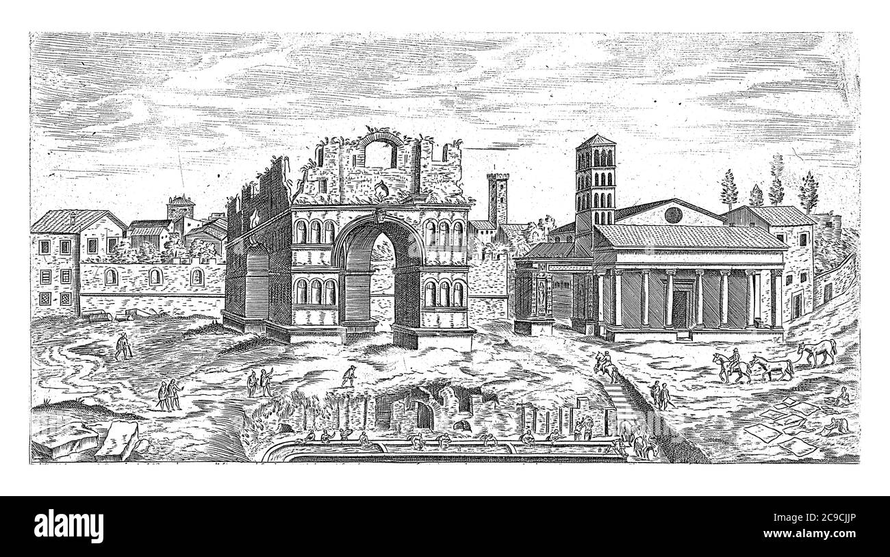 Arco di Giano a Roma, Etienne Duperac, 1575 veduta dei resti dell'Arco di Giano a Roma. Sulla destra la chiesa di Santa Maria in Cosmedin, vin Foto Stock