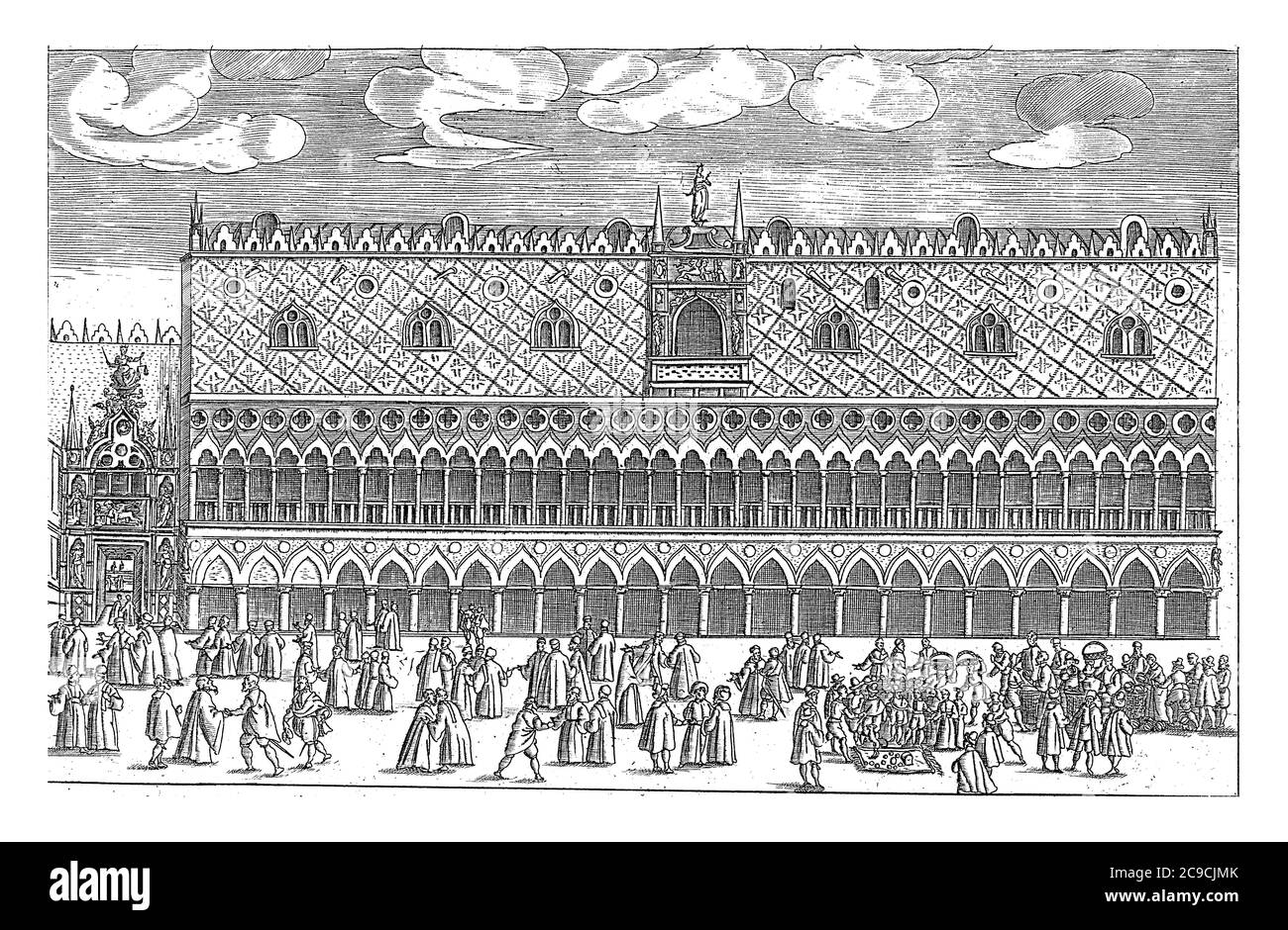 Facciata del Palazzo Ducale a Venezia, anonima, facciata 1610 del Palazzo Ducale con attività in primo piano sulla Piazzetta, incisione d'epoca Foto Stock Facciata del Palazzo Ducale a Venezia, anonima, facciata 1610 del Palazzo Ducale con attività in primo piano sulla Piazzetta, incisione d'epoca Foto Stock