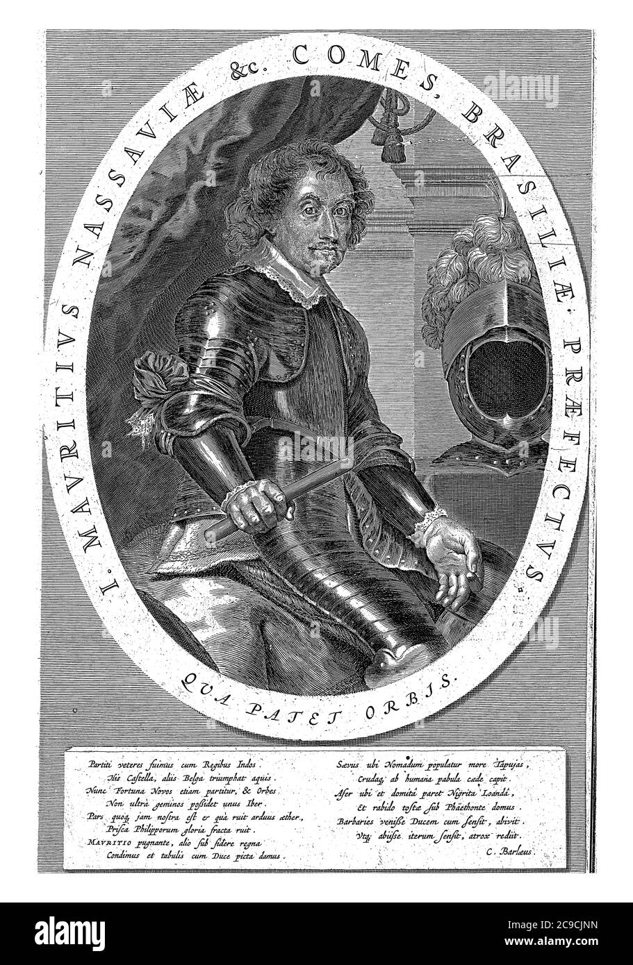 Ritratto di Giovanni Maurice, Principe di Nassau-Siegen, 1647, ginocchio seduto in armatura, a destra, incisione vintage. Foto Stock