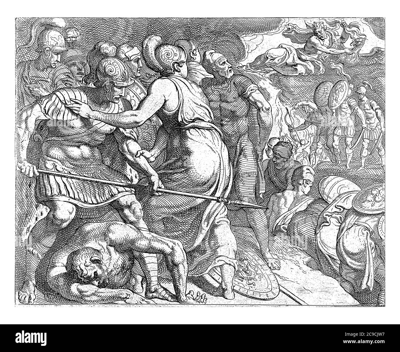 Giove e Minerva arrestano la battaglia tra Odisseo e gli Itacani, Giove ferma la battaglia tra Odisseo e gli Itacani, incisione d'epoca. Foto Stock