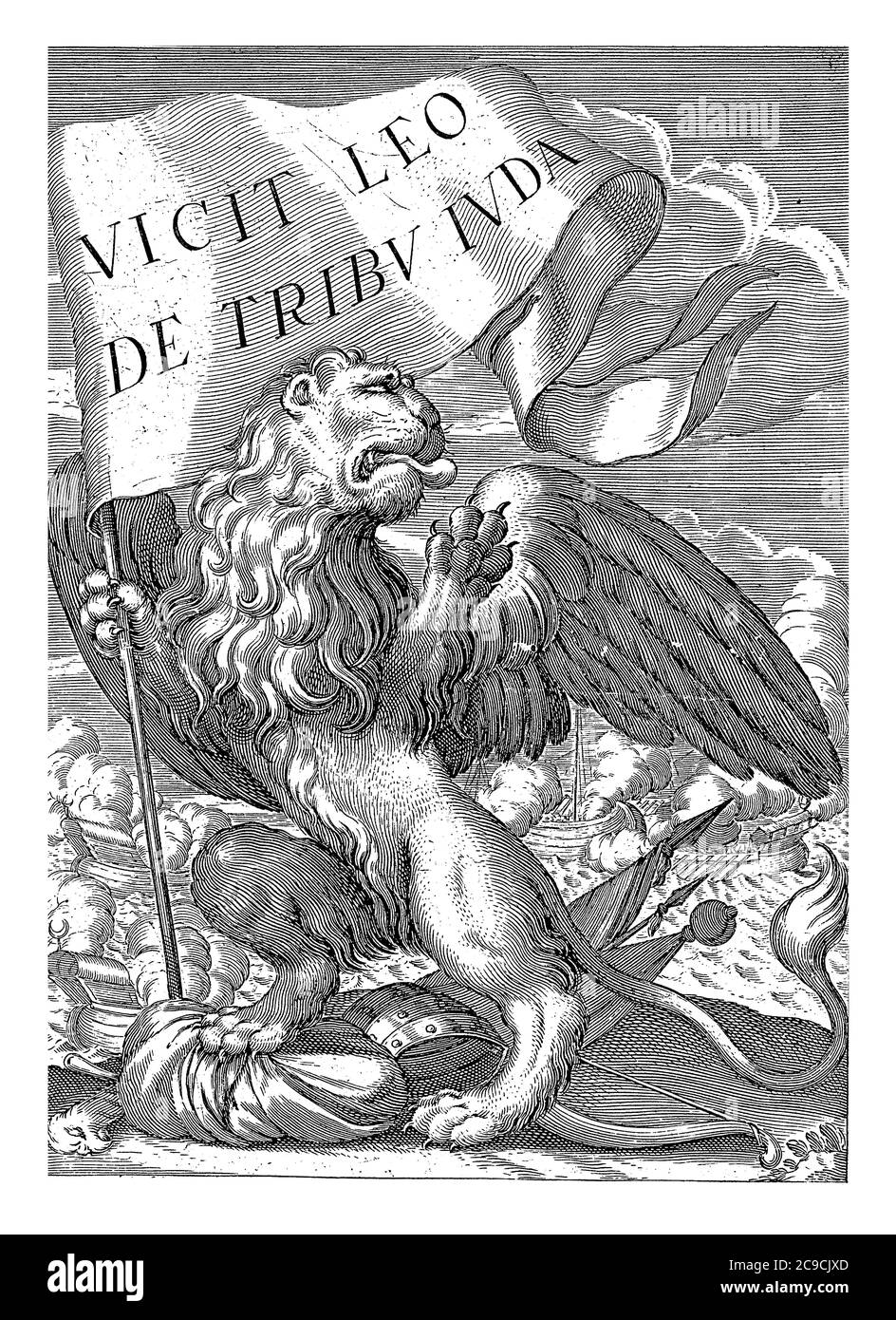 Un leone in piedi sulle gambe posteriori con un banner nella gamba anteriore destra. Egli tramplica le armi con le gambe posteriori. Navi in battaglia in background, vint Foto Stock