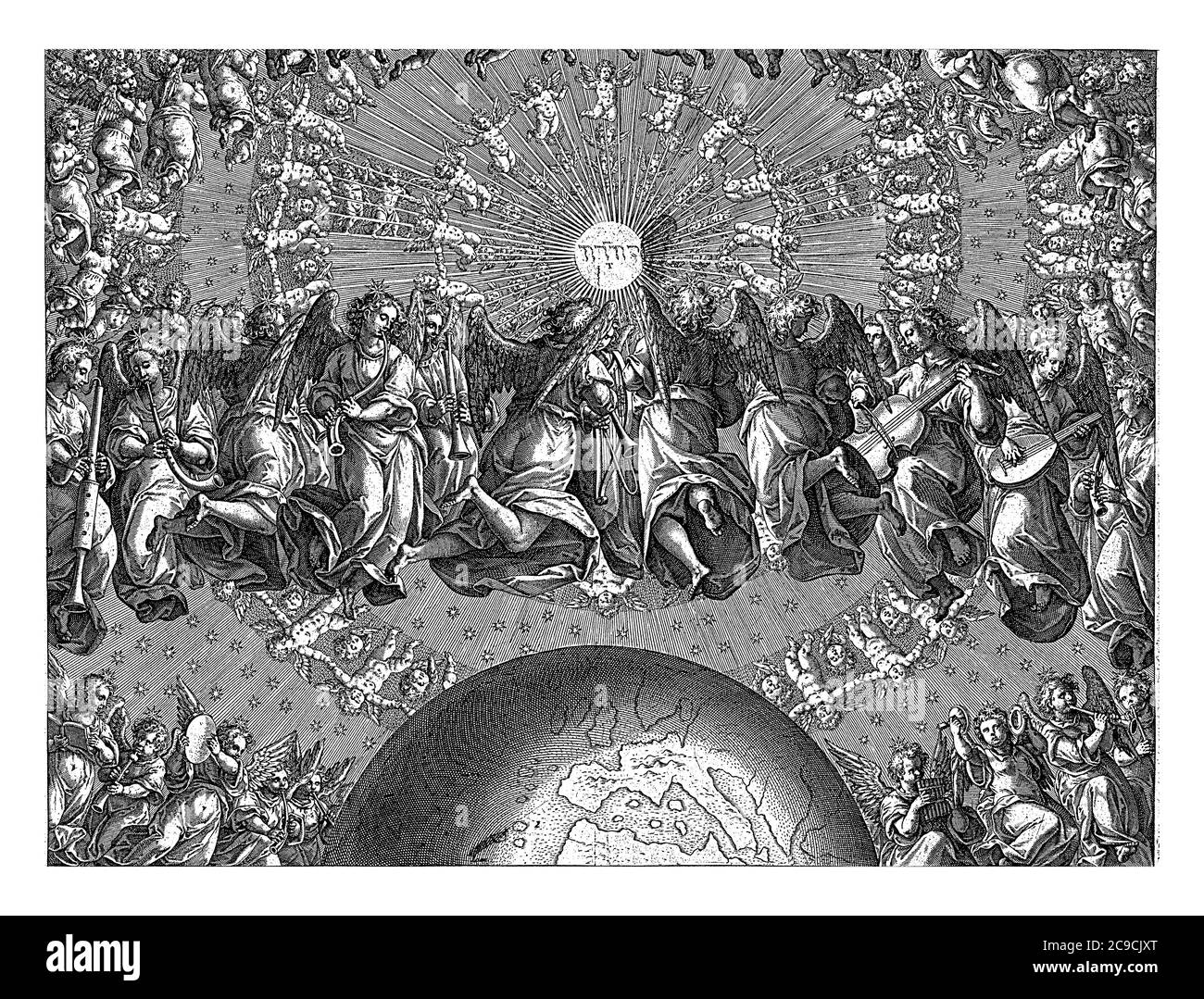 La risposta di Dio a Giobbe, serafini e cherubini che suonano musica galleggia in circoli intorno alla terra. In mezzo al vortice le lettere ebraiche per Jaweh Foto Stock