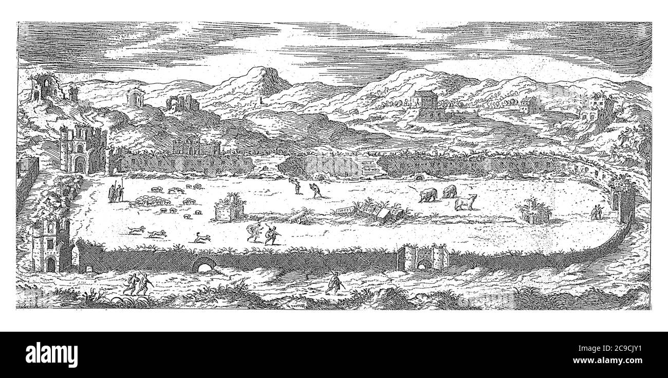 Circo di Massenzio a Roma, Etienne Duperac, 1575 Vista del Circo di Massenzio su Via Appia a Roma, incisione d'epoca. Foto Stock