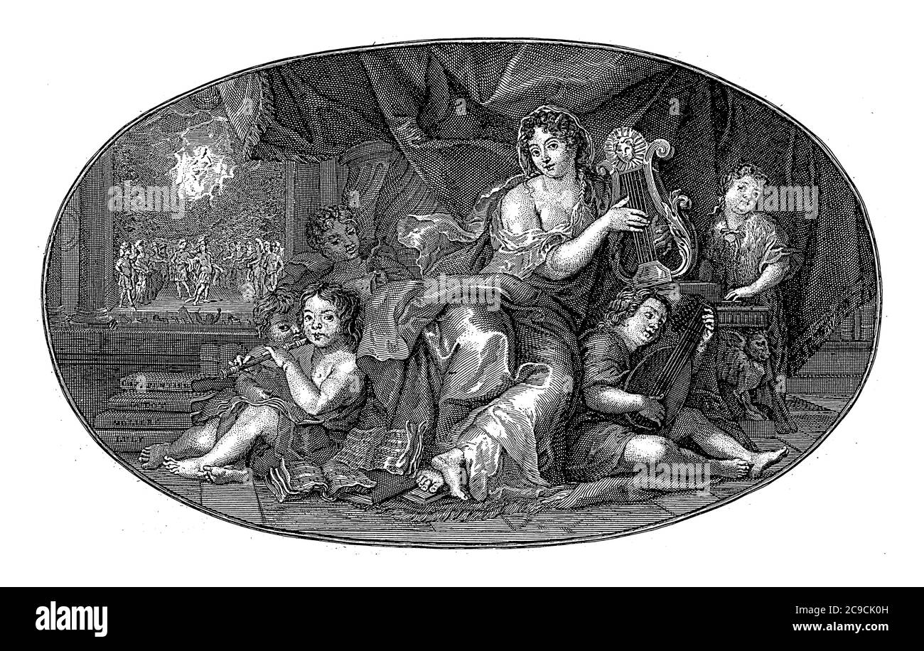 Pezzo da soffitto con la personificazione della musica che suona la lira. Anche il ritratto di Madame de Maintenon, seconda moglie e amante di Luigi XIV, vin Foto Stock