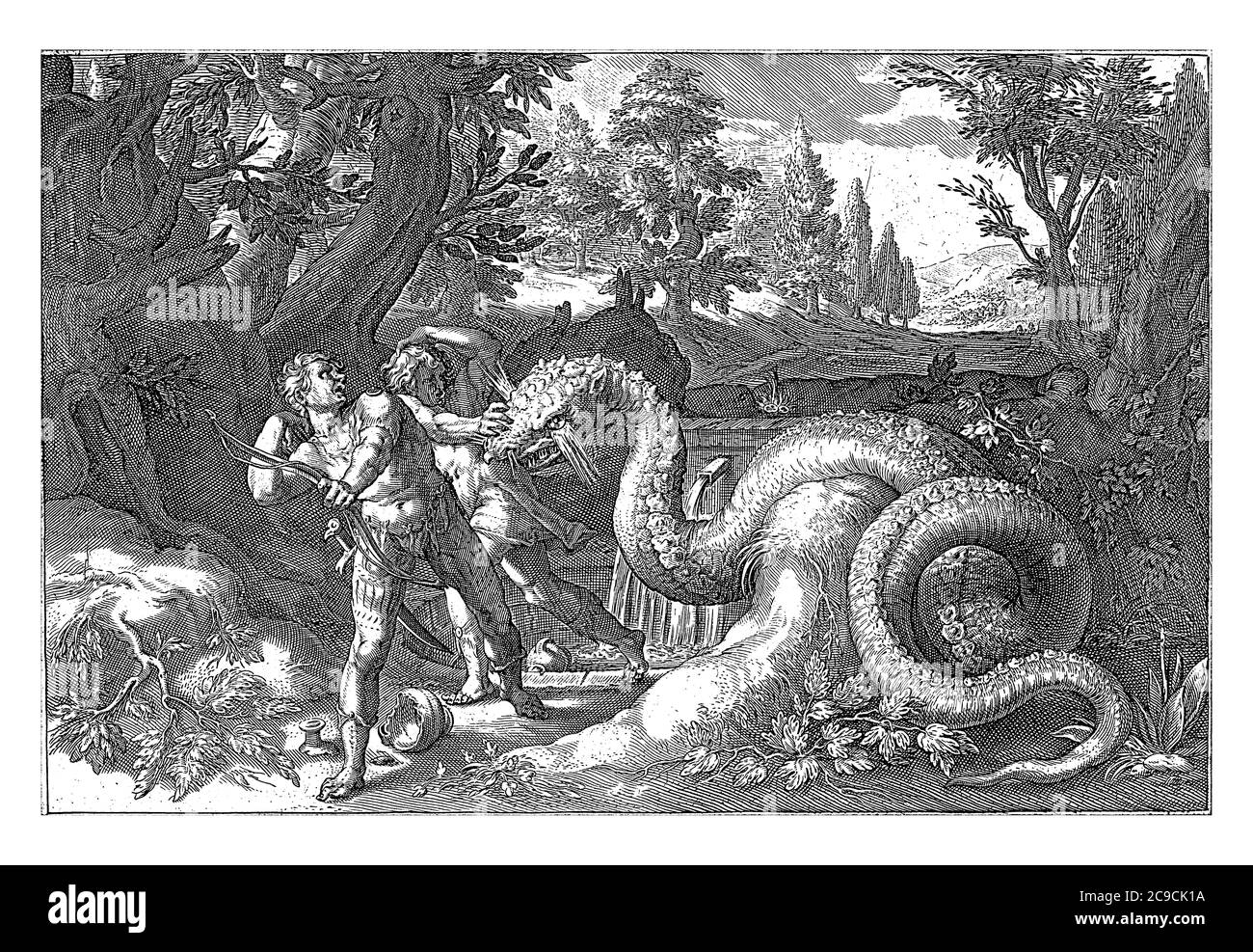 Quando Cadmus e la sua mucca hanno raggiunto il luogo in cui fonderà la città di Tebe, ha i suoi compagni che prelevano acqua sacrificale in un vicino fores Foto Stock