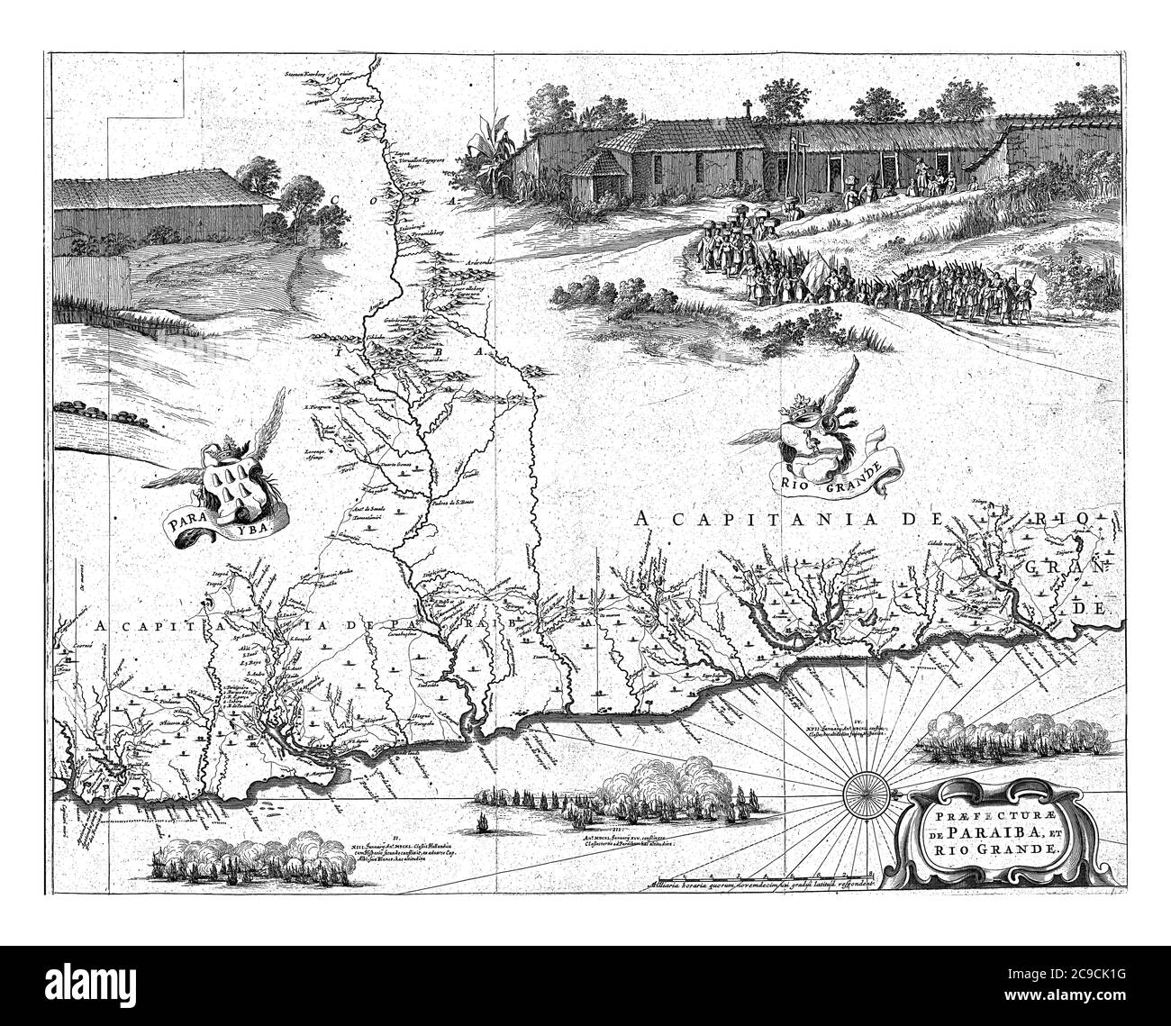 Mappa della costa di Paraiba. Con una parte della fabbrica di zucchero locale e una sfilata della popolazione locale accompagnata da soldati olandesi, incisi d'annata Foto Stock