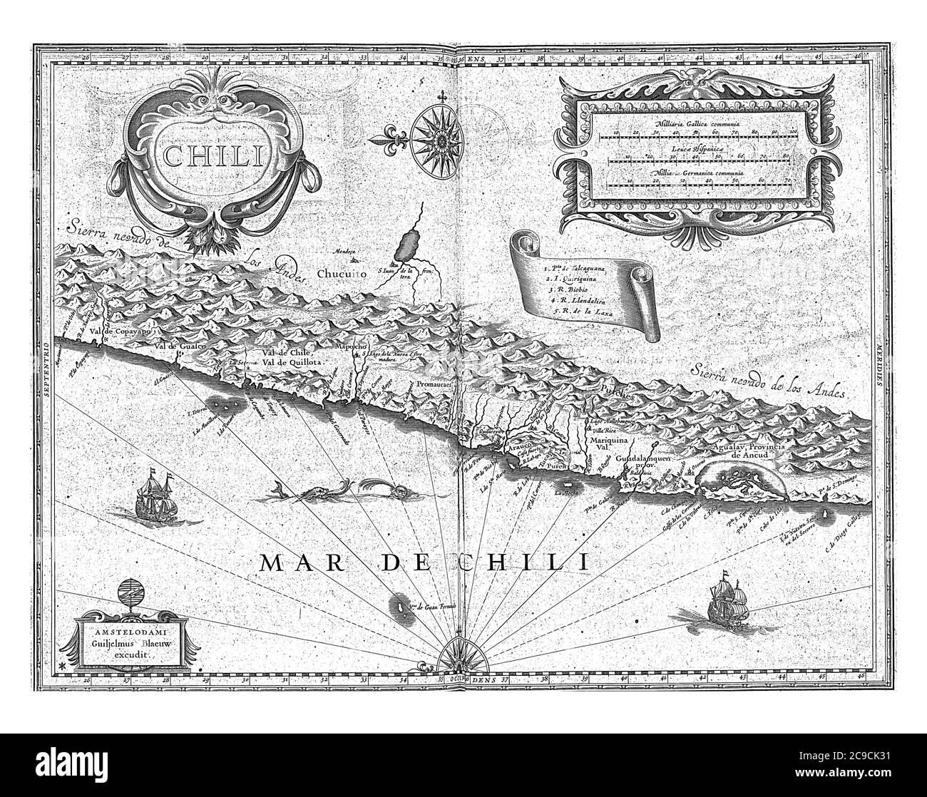 Mappa di parte della costa del Cile, c.. 1625, anonimo, 1645 - 1647 Mappa di una parte della costa del Cile, c.. 1625. Con diversi cartocchi con inscyptio Foto Stock