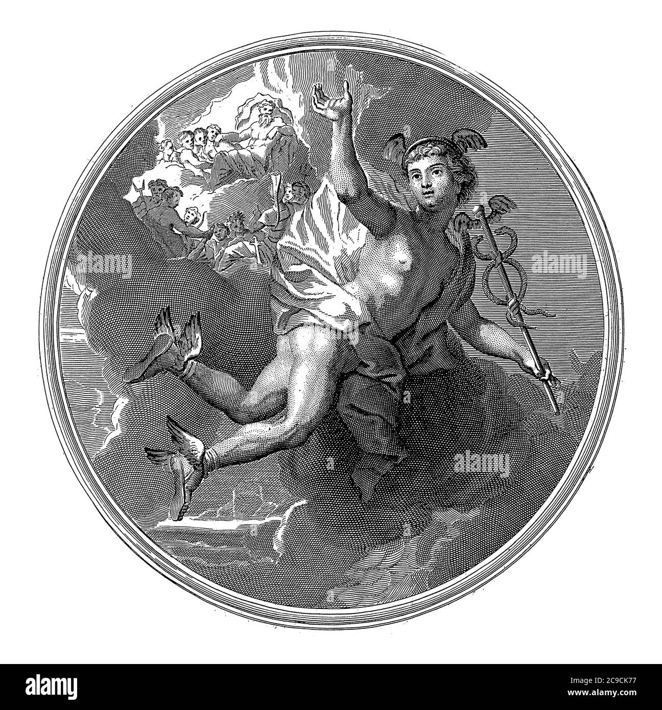 Mercurio, anonimo, dopo Jean-Baptiste Corneille, pezzo da soffitto con il dio Mercurio che vola con il caduceo in mano. Sullo sfondo gli dei Foto Stock