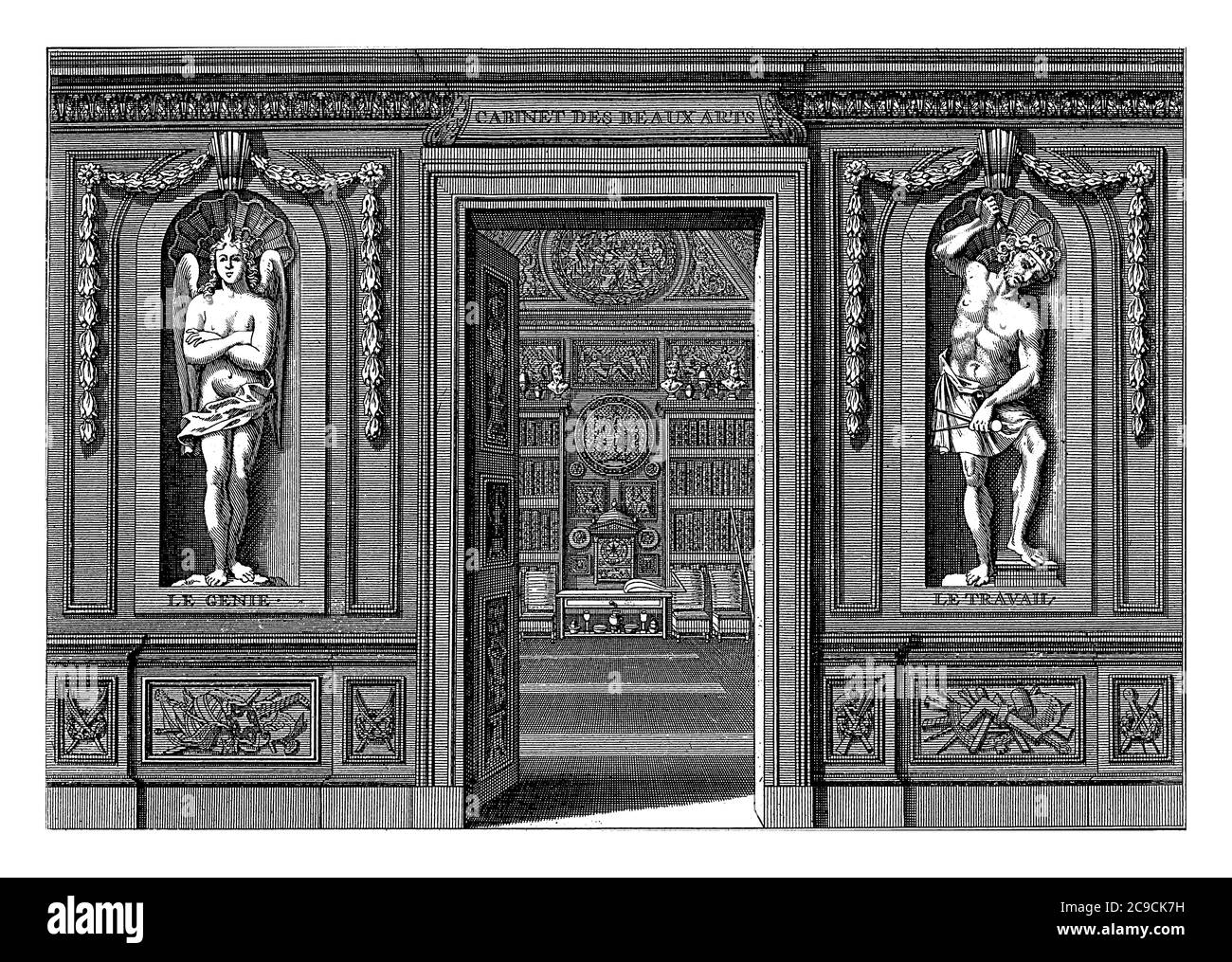 Porta aperta ad una stanza con una collezione d'arte. Su entrambi i lati immagini delle personificazioni del Genius, con una fiamma di ispirazione sulla testa, e. Foto Stock