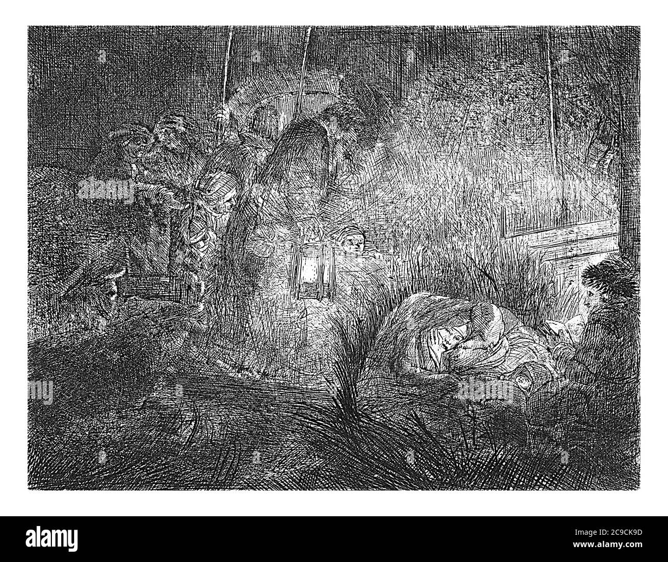 Adorazione dei pastori: Pezzo notturno, Rembrandt van Rijn, 1807 - 1808, incisione d'annata. Foto Stock