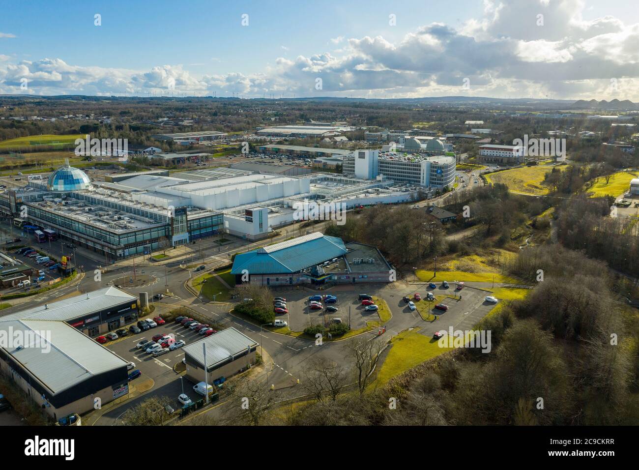 Vista aerea del centro commerciale Livingston, Livingston, West lothian, Scozia. Foto Stock