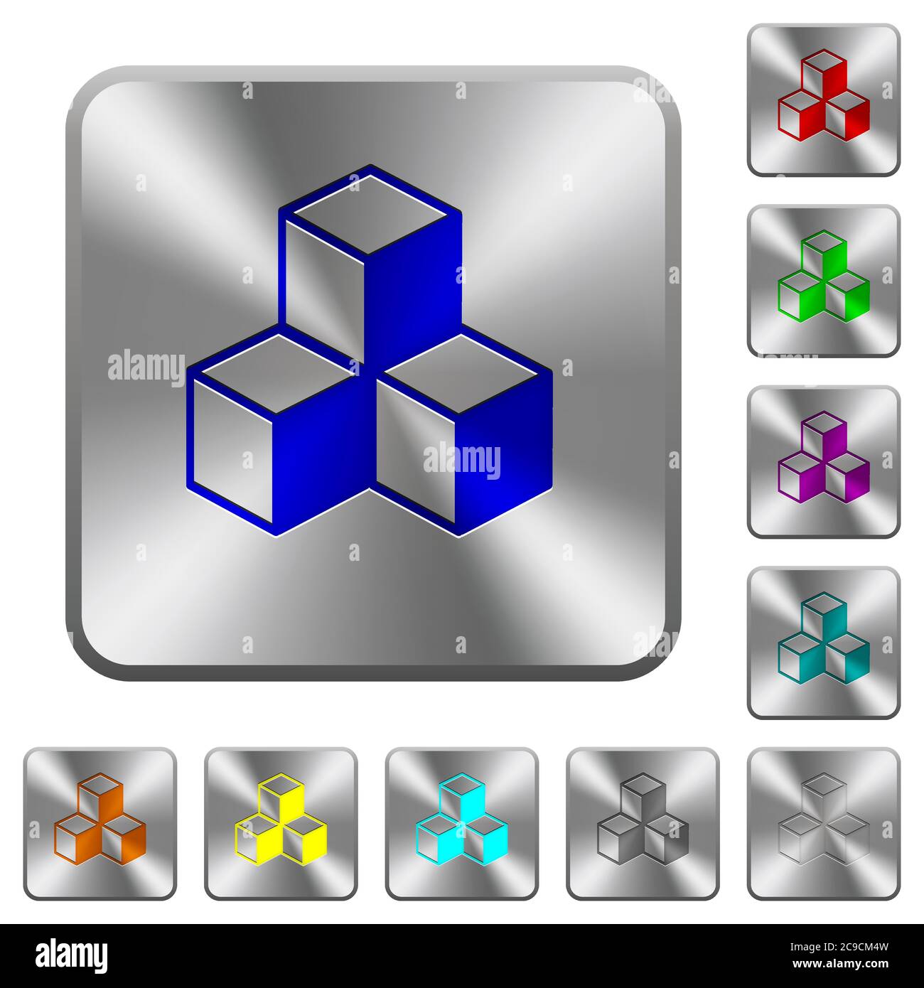 Cubi icone incise su bottoni arrotondati quadrati in acciaio lucido Illustrazione Vettoriale