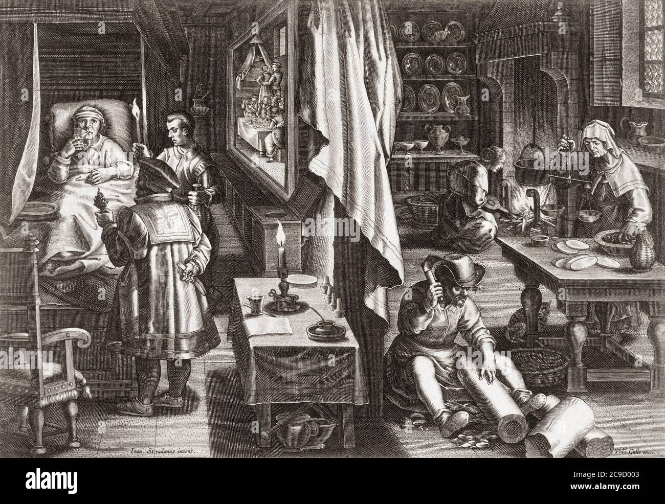 Preparazione di un farmaco contro la sifilide dalla corteccia della pianta per dare ad un uomo che si trova nella stanza successiva malato con l'infezione. Dopo una stampa del XVI secolo dell'incisore olandese e dell'editore Philips Galle (noto anche come Philip Galle). Foto Stock