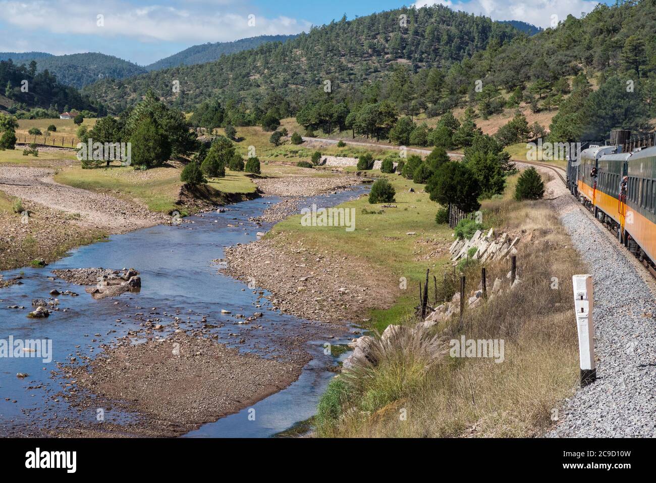 El Chepe Train vista tra la Junta e Creel. Sierra Madre Stream e Pascoling Land, Chihuahua state, Messico. Foto Stock