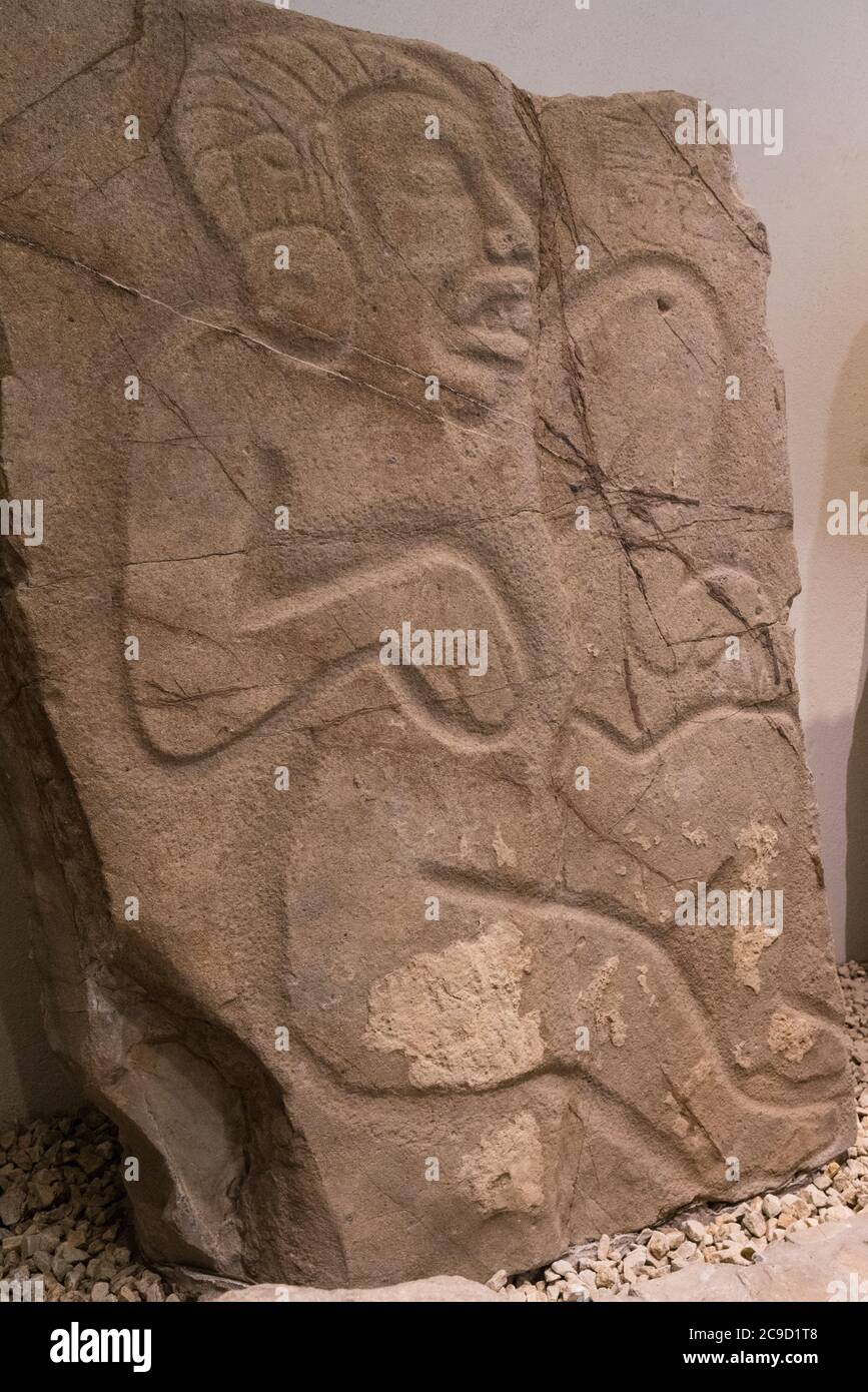 Queste pietre intagliate del Monte Alban furono inizialmente pensate per rappresentare i ballerini e furono chiamate Danzantes. Si ritiene che rappresentino capti Foto Stock