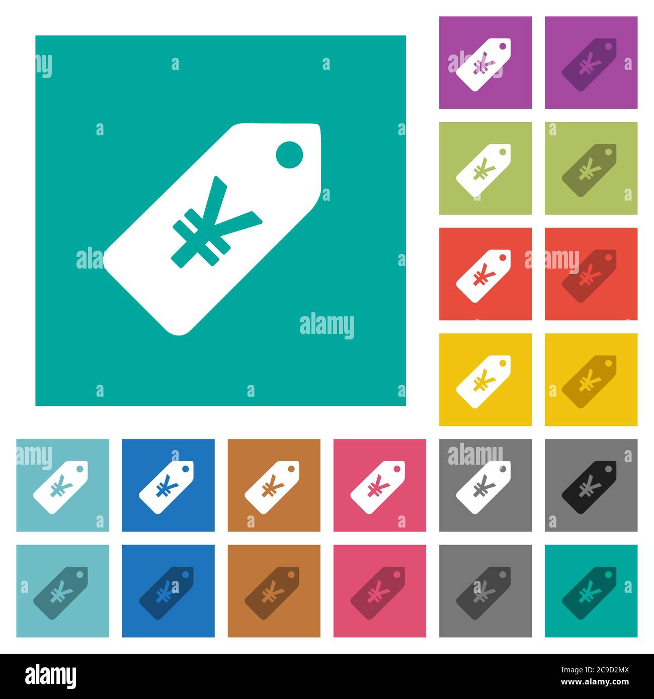 Yen prezzo etichetta multi colorato icone piatte su sfondi quadrati. Incluse variazioni delle icone bianche e più scure per il passaggio del mouse o gli effetti attivi. Illustrazione Vettoriale