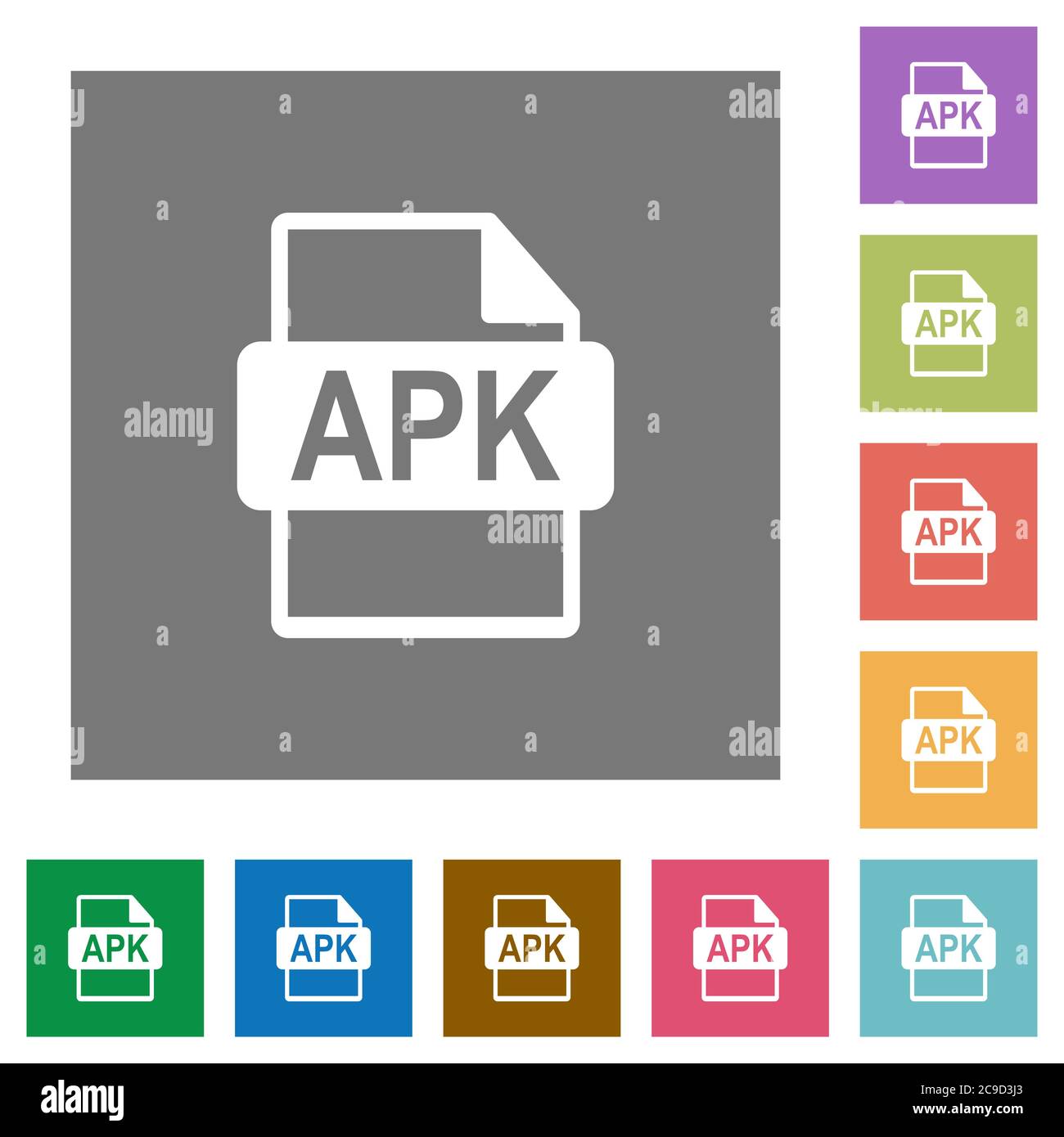 Icone piatte in formato file APK su sfondi quadrati di colore semplice Illustrazione Vettoriale