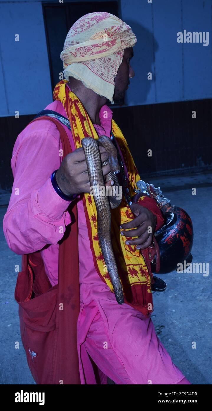 Un Sadhu indiano vestito in abito tradizionale che tiene un serpente in mano. Foto Stock