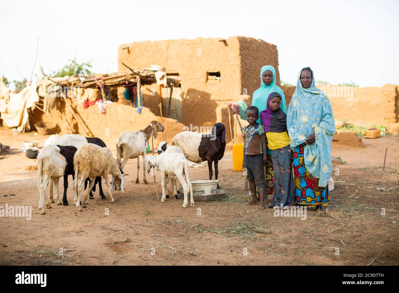 Una donna contadina e i suoi figli stanno con la loro mandria di pecore e capre fuori casa nella regione di Tahoua, in Niger, Africa occidentale. Foto Stock