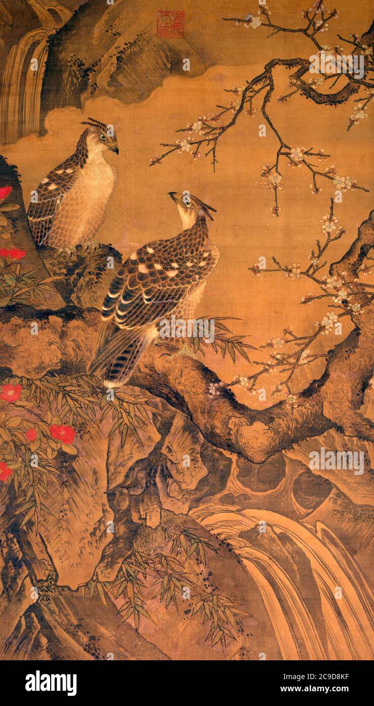 Aquile, 1368-1644. Cina, dinastia Ming (1368-1644). Inchiostro e colore su pannello di seta Foto Stock