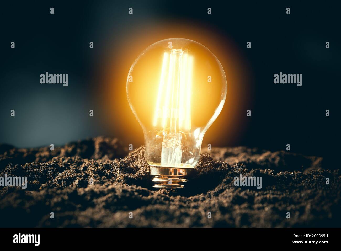 Lampadina a LED incandescente. Ambiente ecologico e sostenibile Foto Stock