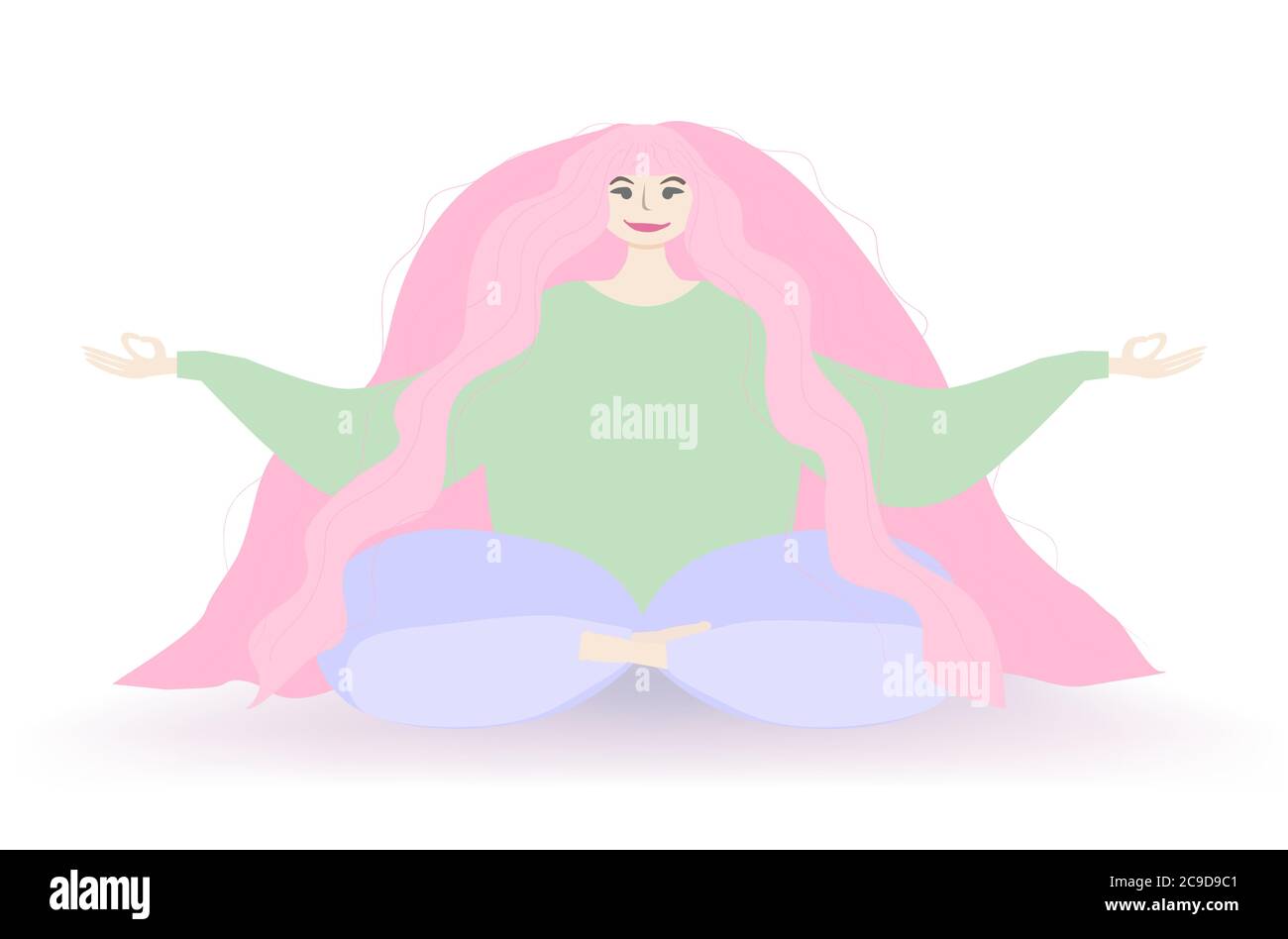 ragazza con lunghi capelli rosa seduta in posizione lotus su uno sfondo bianco Illustrazione Vettoriale