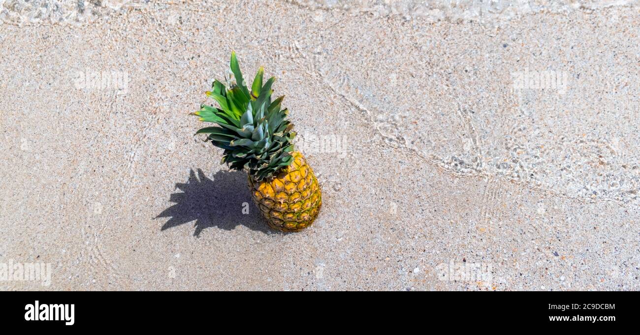 Ananas fresco sulla spiaggia. Frutta nelle onde del mare. Concetto di vacanza estiva. Foto Stock