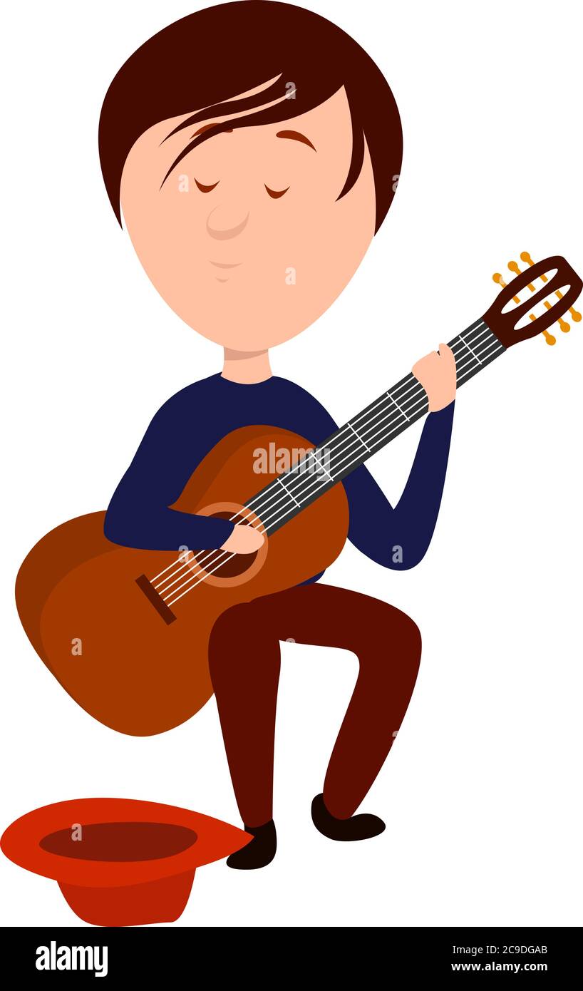Uomo che suona la chitarra per strada, illustrazione, vettore su sfondo bianco Illustrazione Vettoriale