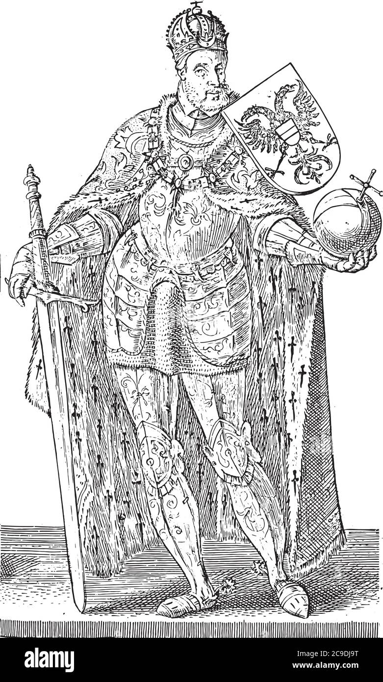 Karel de V, Hendrick Goltzius, dopo Willem Thibaut, 1586 - 1587 Karel V, ritratto a tutta lunghezza, con corona imperiale, orb, spada e stemma con Illustrazione Vettoriale