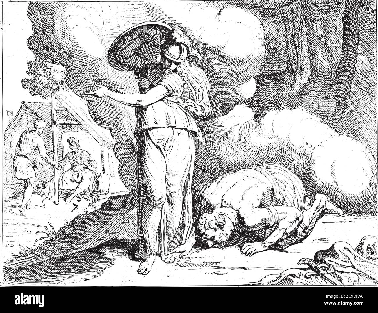 Minerva mostra Ithaca ad Odysseus, quando Odysseus si risveglia su un'isola che gli è strana e coperta di nebbia, incontra Minerva, incisione d'annata. Illustrazione Vettoriale