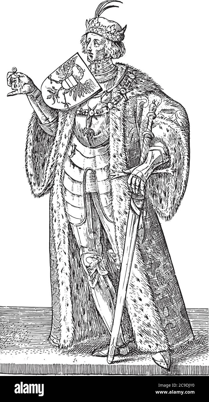 Massimiliano i d'Asburgo, a tutta lunghezza, con spada. Il suo stemma mostra un'aquila monotesta con lo stemma dell'Austria sul petto, annata Illustrazione Vettoriale
