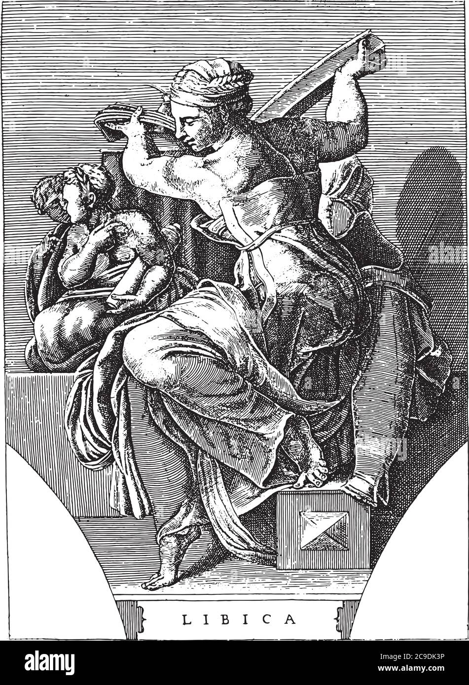 Il Libico Sibyl, seduto e girato a sinistra. Dietro di lei un grande libro che solleva con entrambe le mani. A sinistra due bambini con uno scroll, vinta Illustrazione Vettoriale