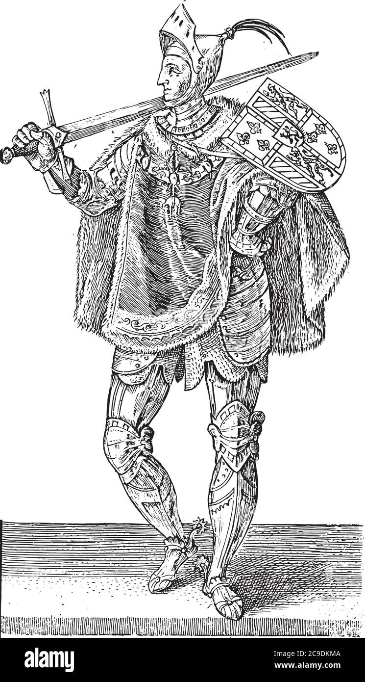 Karel de Stoute, Hendrick Goltzius, dopo Willem Thibaut, 1586 - 1587 Karel de Stoute, ritratto a lunghezza intera con la mano sinistra al fianco. Con rivestimento Illustrazione Vettoriale