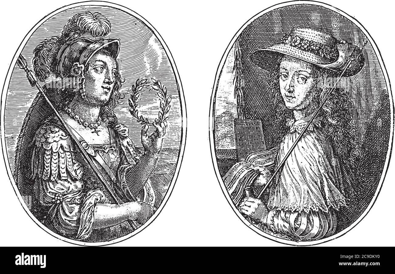 Due rappresentazioni su un foglio di album. Minerva lasciata in armatura, con casco, lancia e corona di alloro, come patrona delle arti, incisione d'epoca. Illustrazione Vettoriale