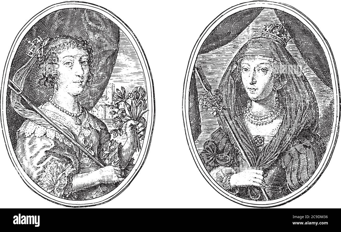 Due rappresentazioni su un foglio di album. A sinistra il ritratto di Henriette Maria, Regina d'Inghilterra, come Roselinda A.R. Destra Christina, incisione vintage. Illustrazione Vettoriale