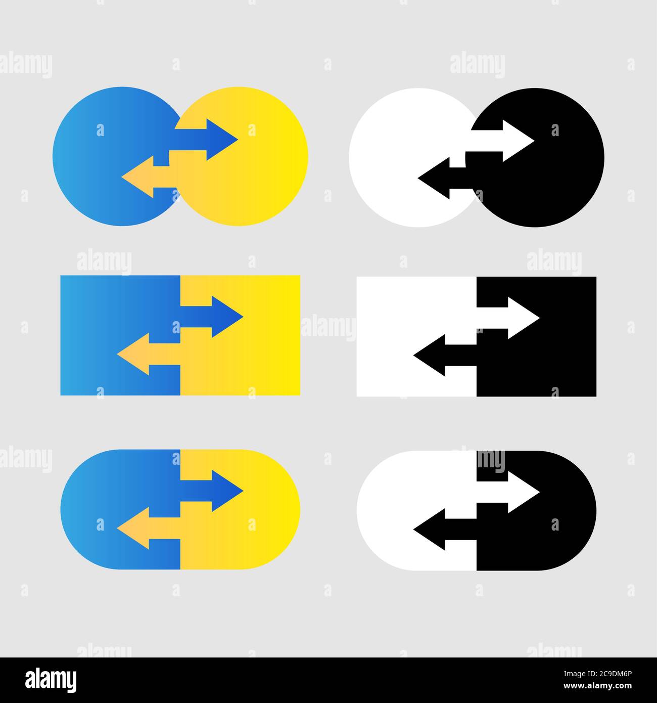 Insieme di concetti relativi ai logo per il trasferimento dei dati. Due frecce di trasferimento in capsula ovale, kube. Icone in bianco e nero e frecce di trasferimento sfumato Illustrazione Vettoriale