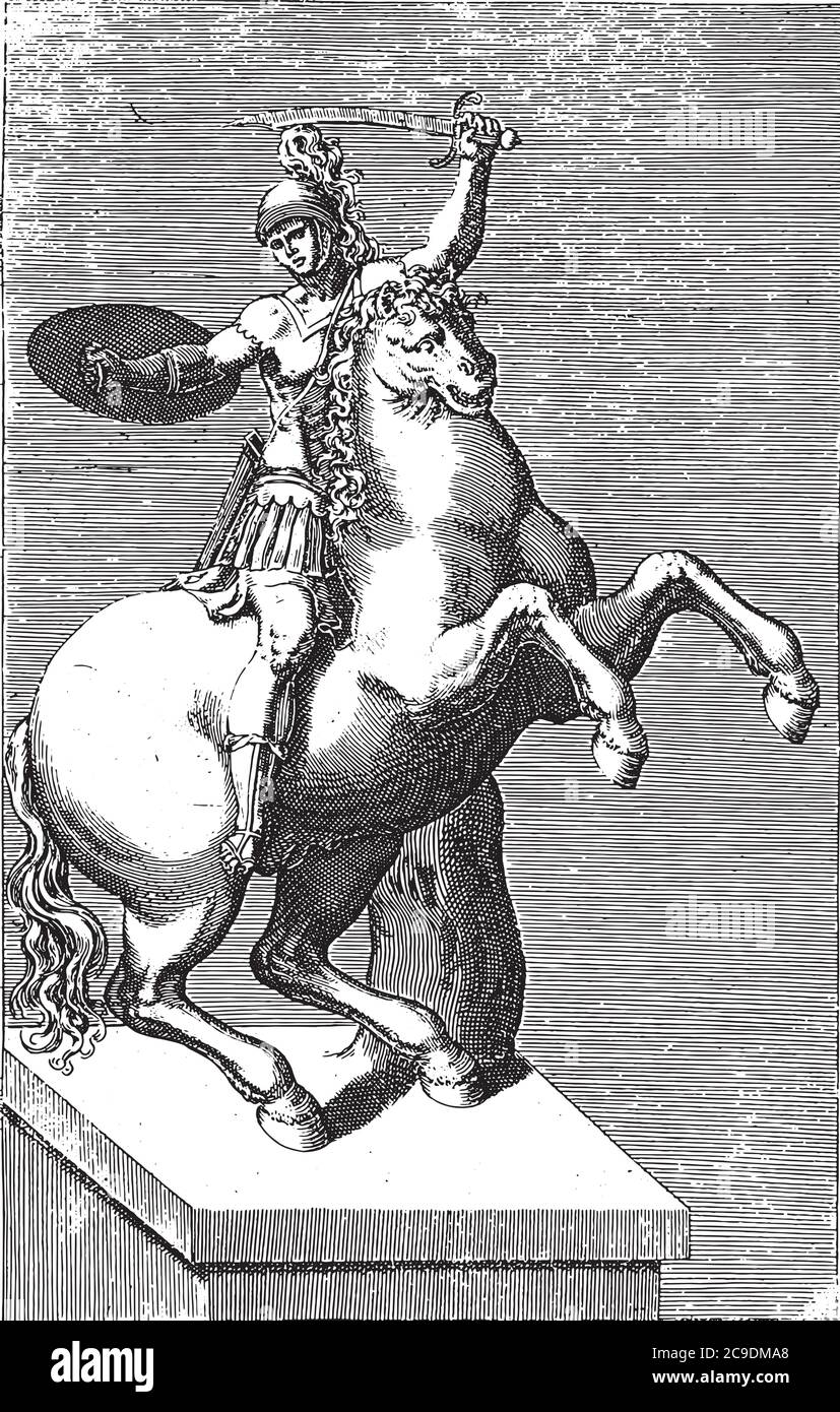 Scultura di un soldato romano a cavallo, anonima, 1584, incisione d'annata. Illustrazione Vettoriale
