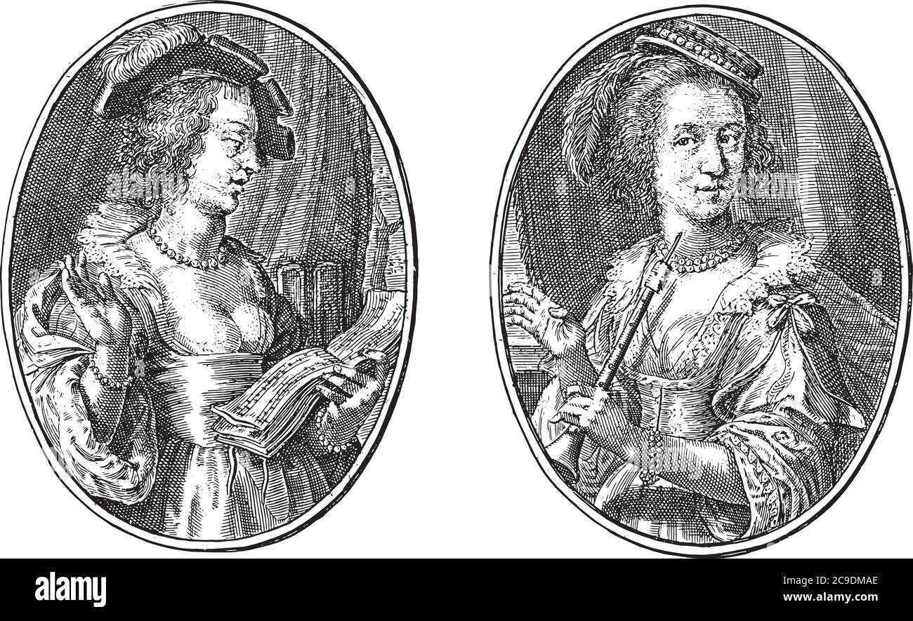 Calliope e Euterpe, Crispjn van de Passe (II), 1640 due rappresentazioni su un foglio di album. A sinistra la musa Calliope, cantando da un libro di musica Illustrazione Vettoriale
