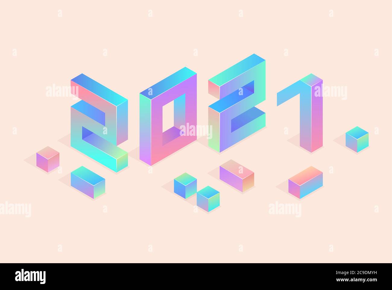 Happy New Year 2021 design vettoriale, modello banner 2021isometrico. 2021 felice anno nuovo simboli biglietto d'auguri, modello di brochure. Illustrazione Vettoriale