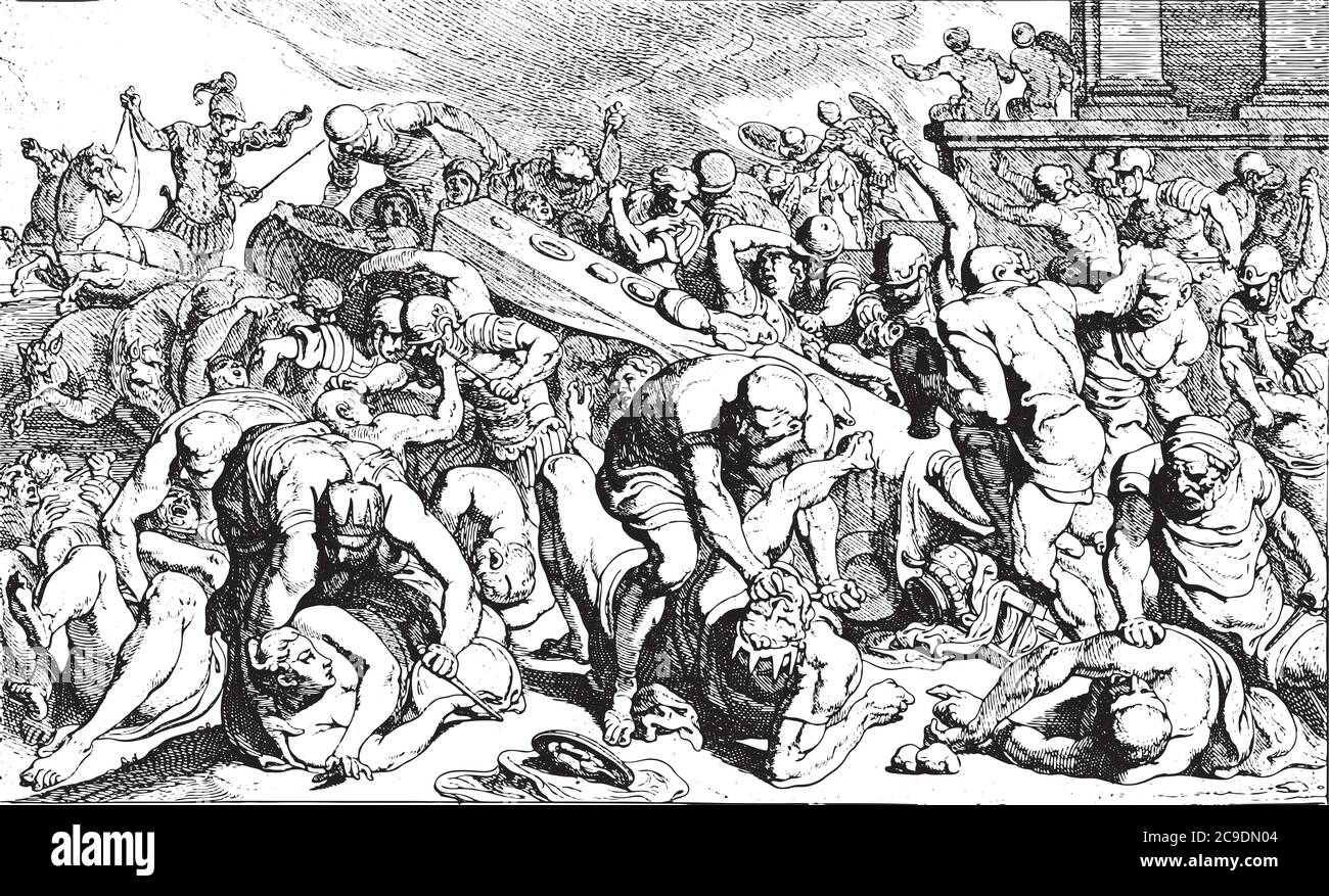 Assassinio di Agamemnon e Cassandra, dopo l'arrivo a Micene, Agamemnon è assassinato al banchetto da Egistos, incisione d'epoca. Illustrazione Vettoriale