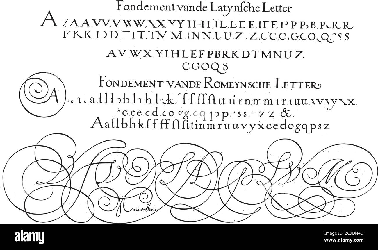 Esempi di lettera latina e romana, Hans Strick, 1618 esempi di lettera latina e romana, nove righe, incisione d'annata. Illustrazione Vettoriale