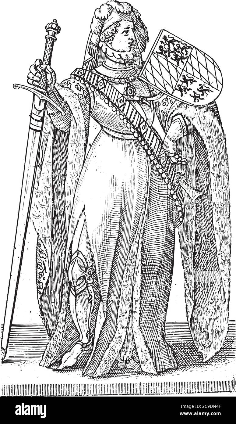 Albrecht di Baviera, a tutta lunghezza, con spada. Il suo stemma ha quattro quarti: Due con quattro bastioni leoni e due con diagonali, incisione vintage Illustrazione Vettoriale