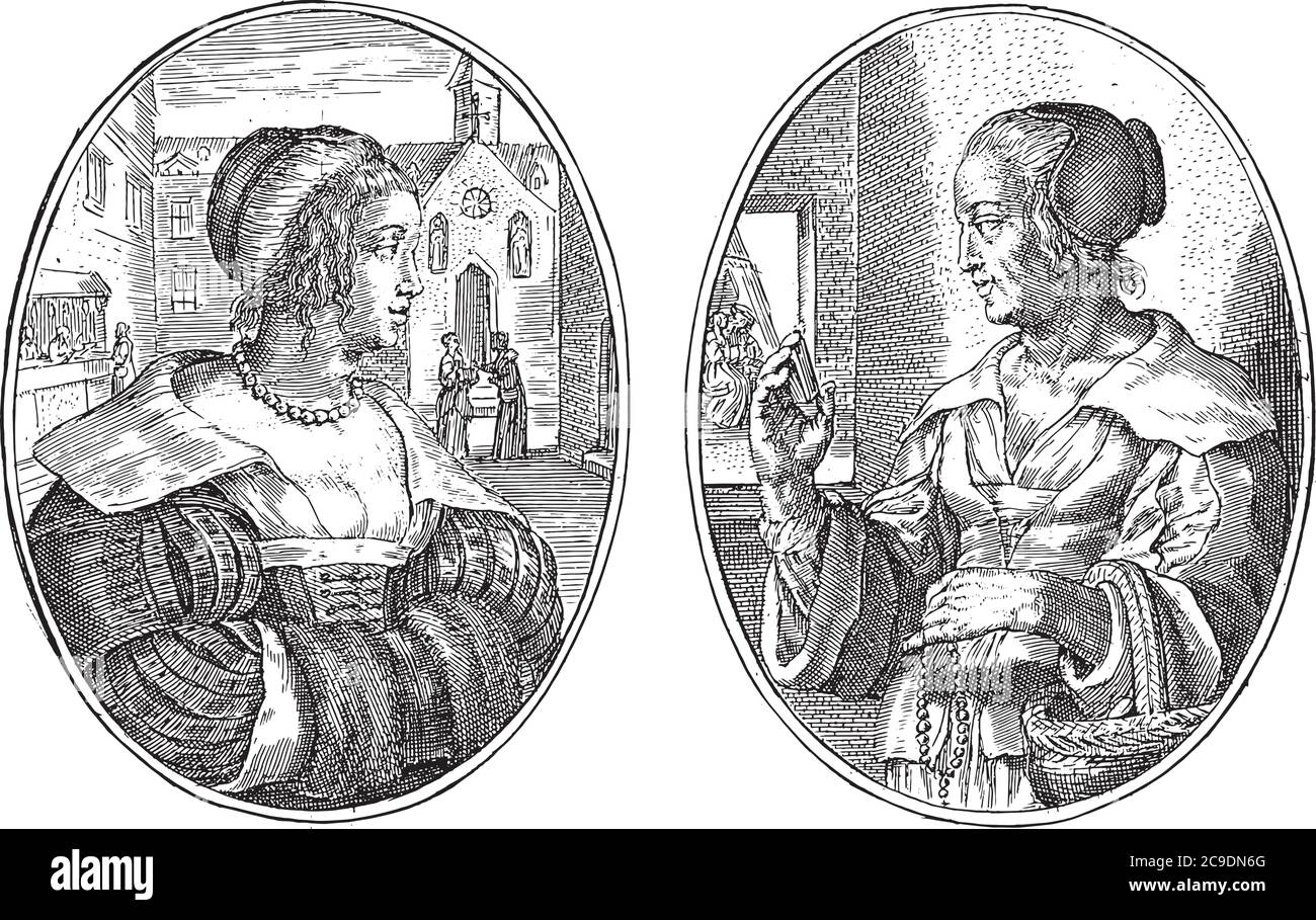 Due scene su un foglio di album. Lasciato il ritratto immaginario di una donna civile dalla strada di S.D. sullo sfondo un edificio della chiesa, due parlando Illustrazione Vettoriale